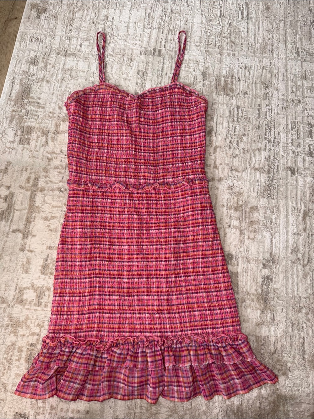 Aqua Pink Plaid Smocked Mini Dress with Ruffle Hem